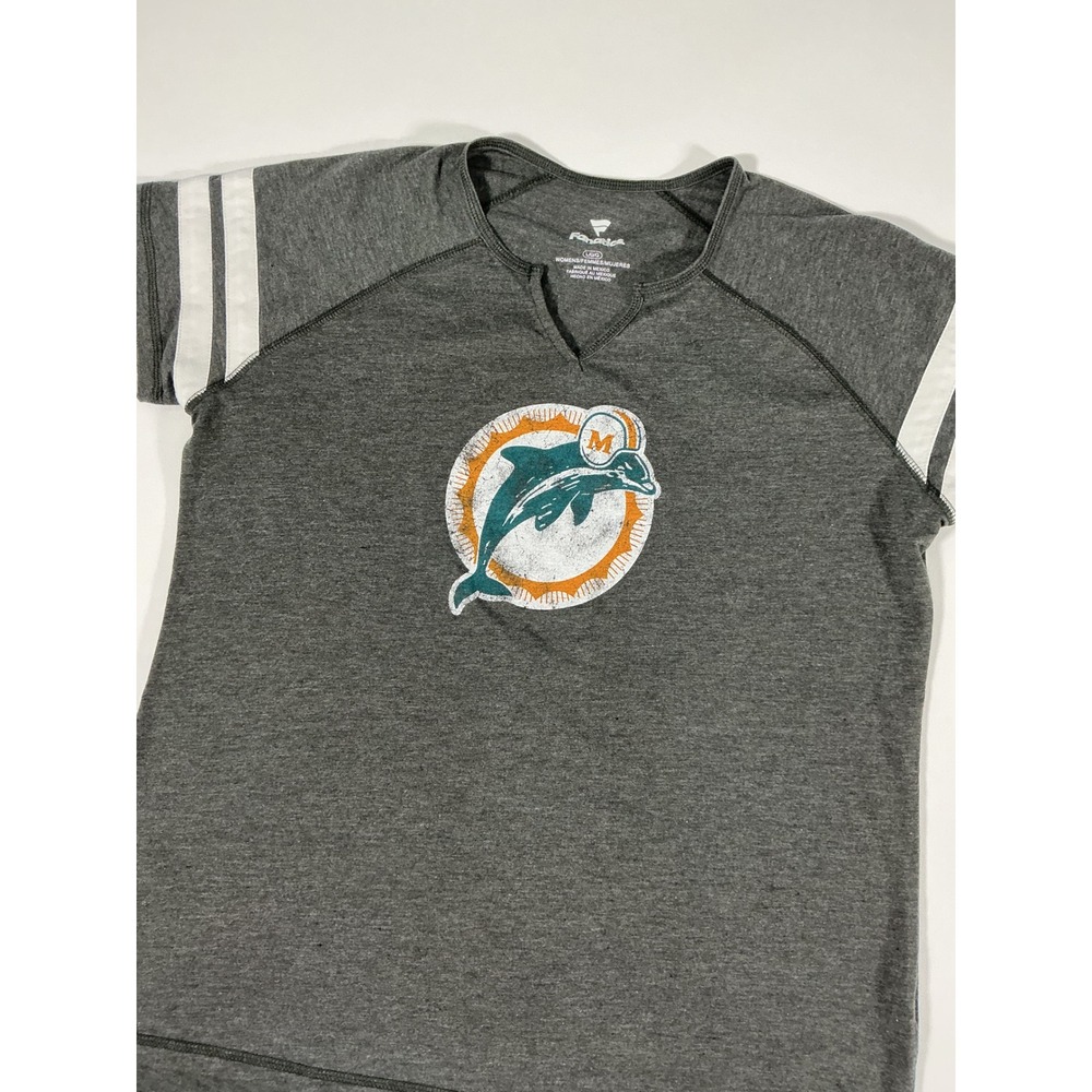 Fanatics Miami Dolphins Women's Charcoal Distressed Logo Notch Neck Tee Size L
